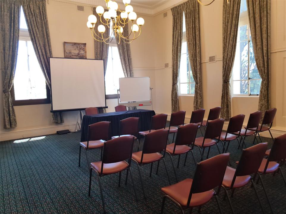The Box Hill Town Hall's Padgham Room set up with chairs in a theatre setting