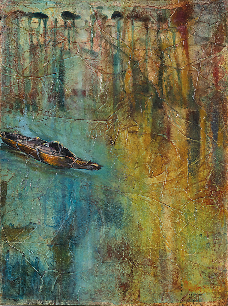 Painting of a canoe on a body of water. The water faces from a teal blue into a copper orange