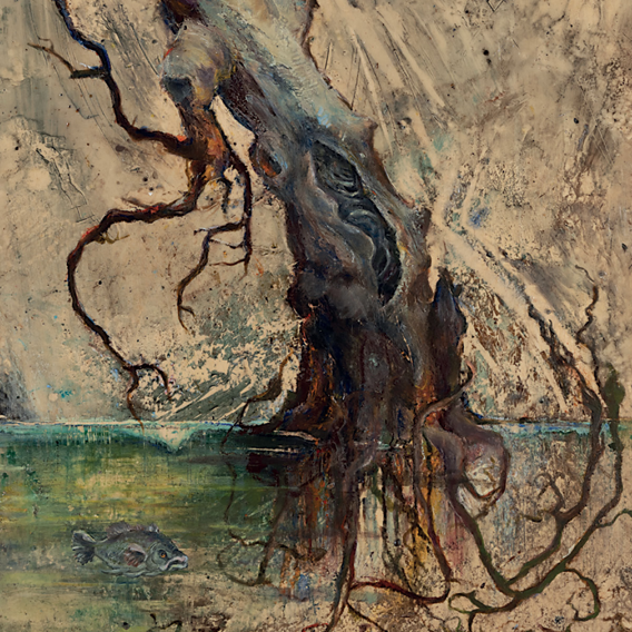 Painting by artist Helen S. Tiernan depicting a bare tree in a body of water.