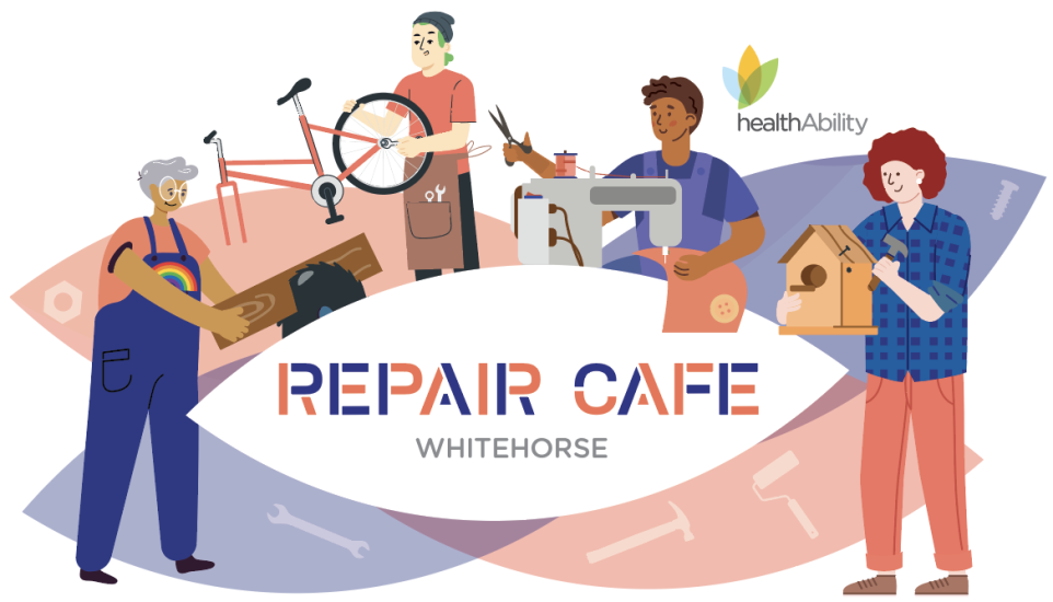 Illustrated picture of four repairers and the Repair Cafe logo