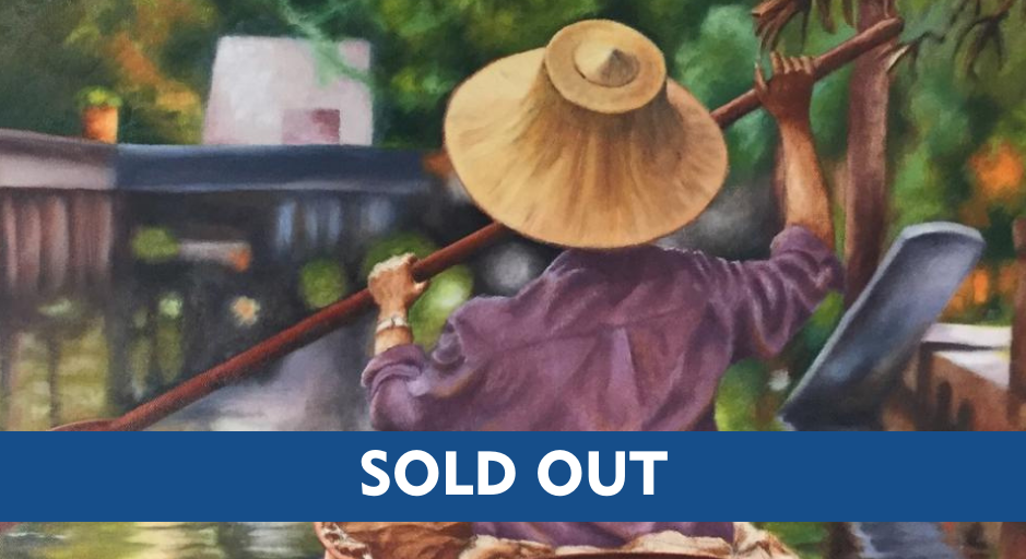 oil painting illustration of the back of some one paddling down a river with a sold out banner across the image