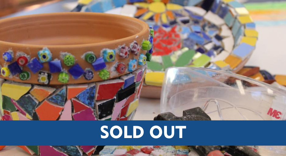 terracotta pot with brightly coloured titles on the outside with a sold out banner across the image