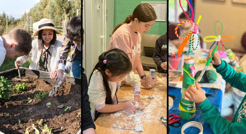 children in garden, cooking and craft workshops