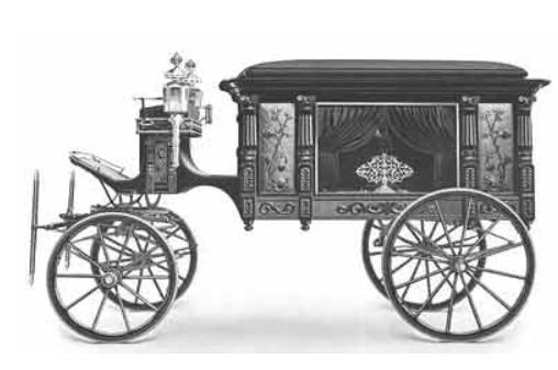 Black and white image of horse drawn ornate hearse