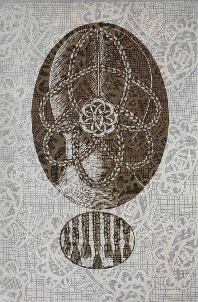 Artist linocut depicting the back of a woman's head with plaits. 