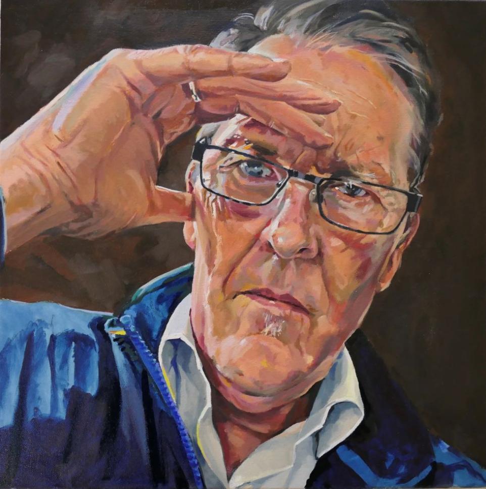 Painted portrait of a middle-aged man with his hand to his brow looking directly at the viewer.