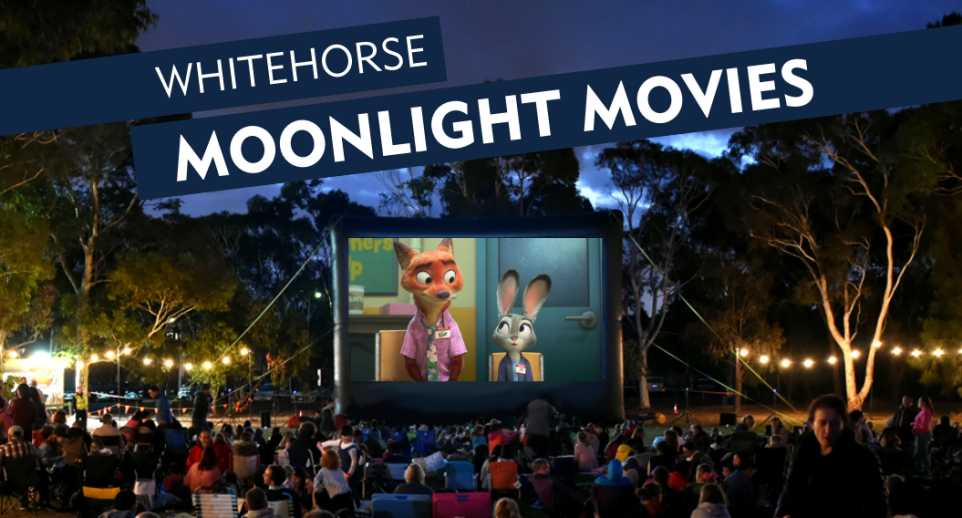 movie screen displaying animated Bunny and Fox with text advertising the movie night 