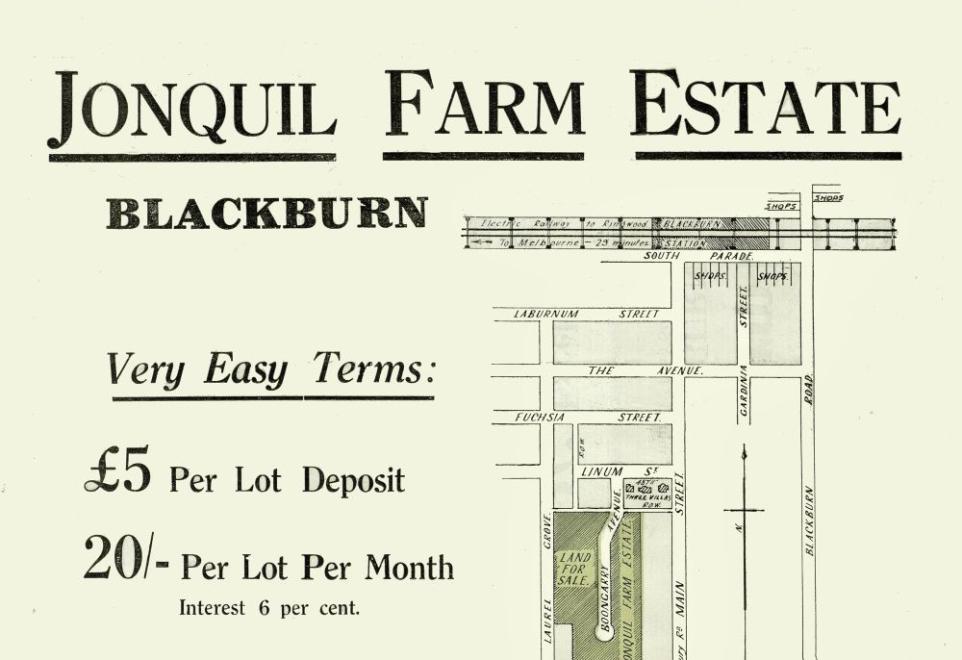 Land auction poster with text and line drawing of land blocks.