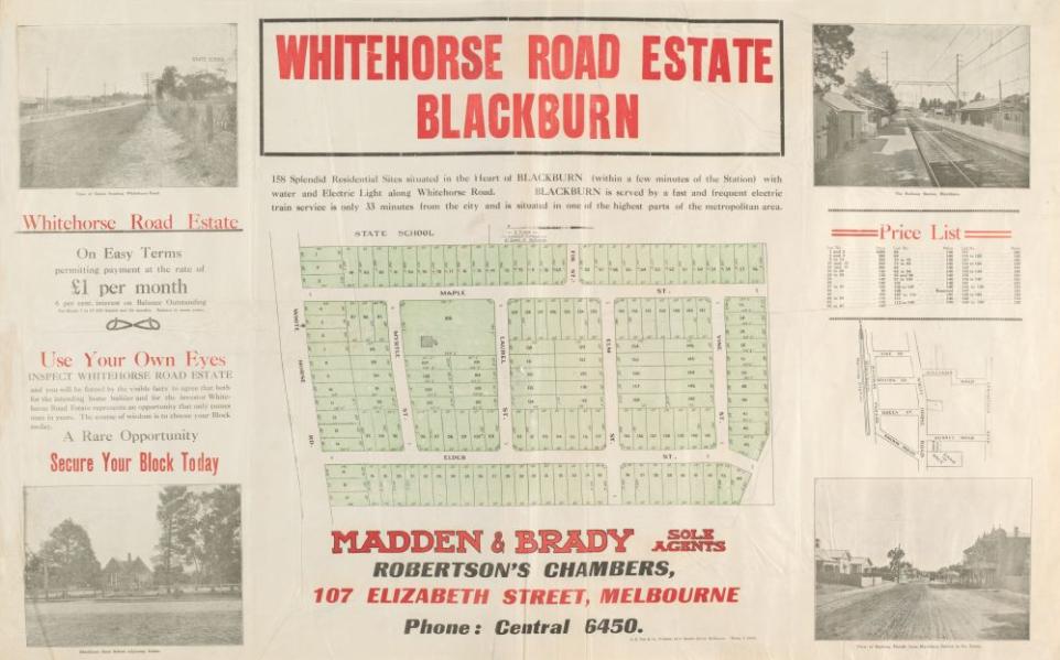 Land auction poster with red text, black and white photographs and land blocks.