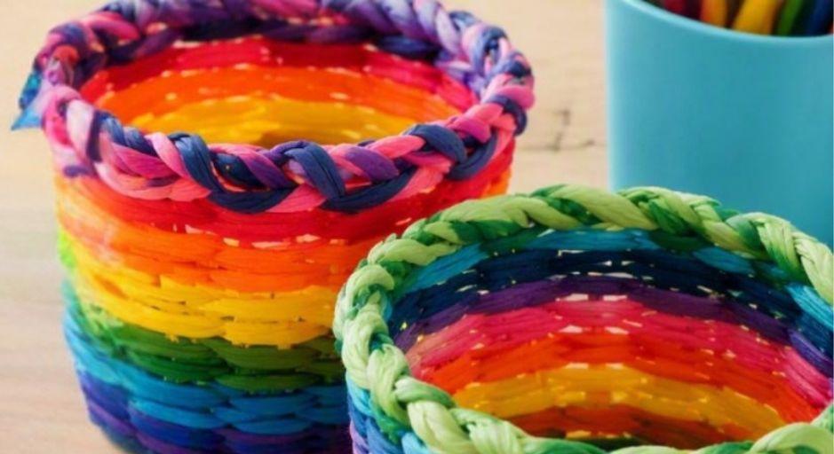 hand woven rainbow colourful baskets 