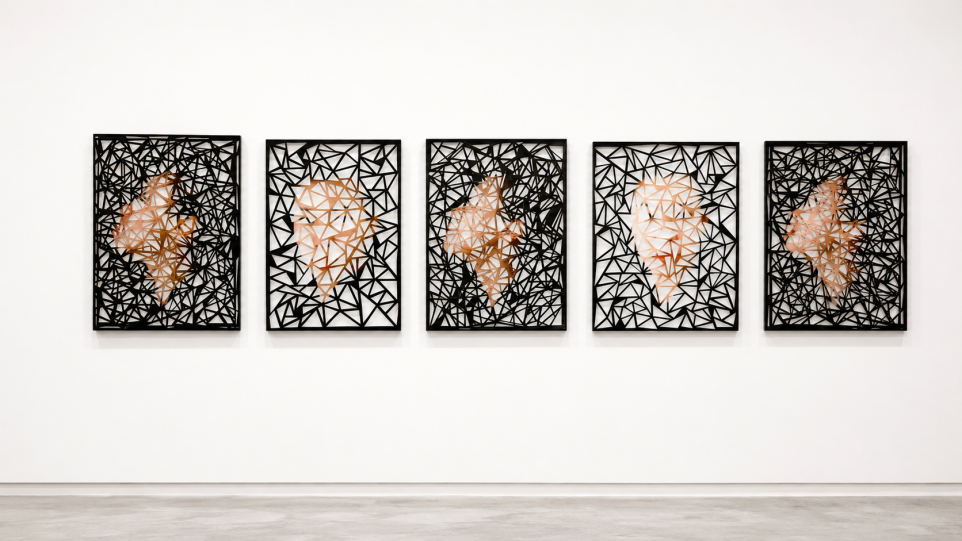 Five framed works of art by June Chen.