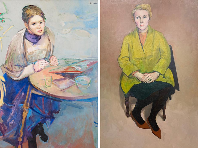 Two oil painting portraits. Left, women sitting at table. Right, women sitting in a chair