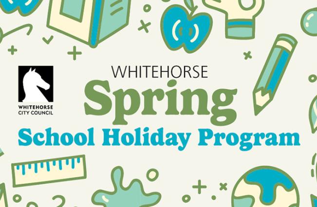 spring school holiday graphic in shades of blue and green with pictures of apples, pencils, glasses and more