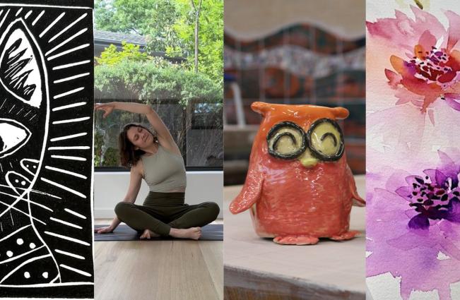 Four images side by side: yoga, a clay owl, flower painting and printmaking