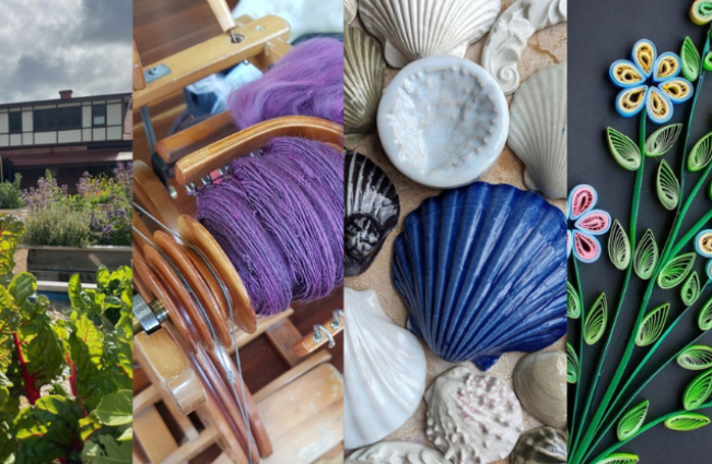 Four images side by side: Strathdon House, weaving, ceramic shells and paper flowers