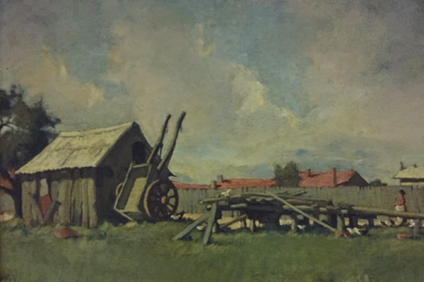 painting of wooden shed against a cloudy blue sky