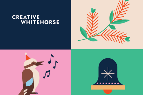Graphic representing seasonal Australian festive items: banksia, a bell, a singing kookaburra with a Christmas hat on