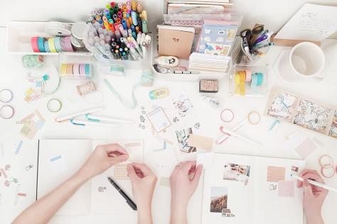 Creative Journaling set up of materials at desk  