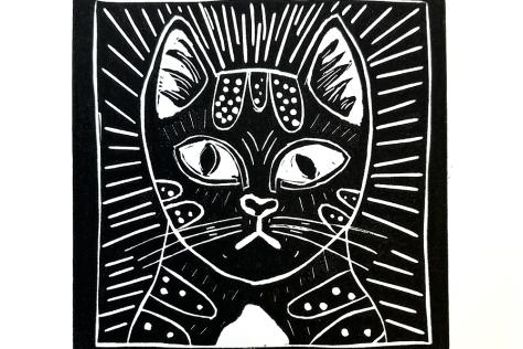 Black and white linocut cat 
