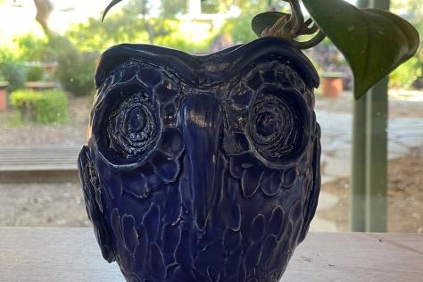 Owl planter pot with blue glaze