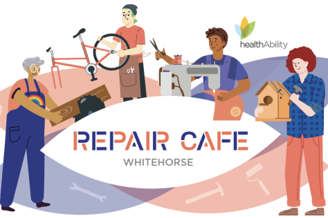 Illustrated picture of four repairers and the Repair Cafe logo