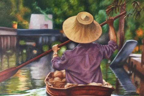 Painting of person in boat paddling on water