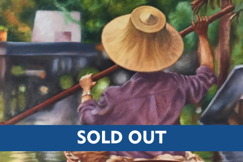 oil painting illustration of the back of some one paddling down a river with a sold out banner across the image