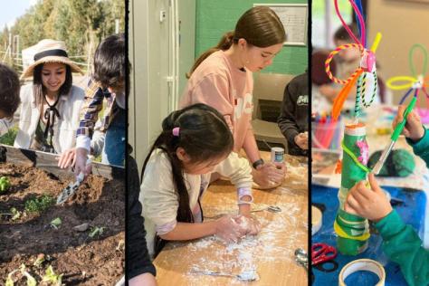 children in garden, cooking and craft workshops