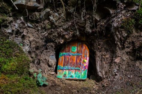 Child's colourful fairy door sitting at base of tree
