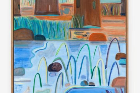 Artist rendering of creek in foreground with fish, trees on the bank in the background