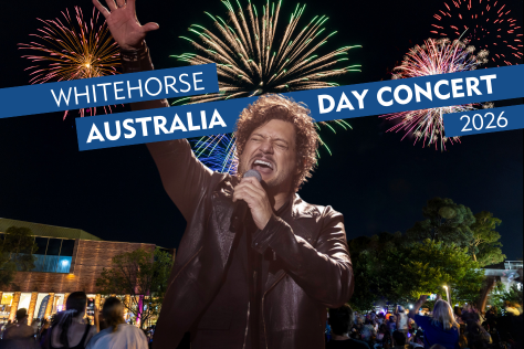 Rob Mills singing into a microphone with fireworks in the background