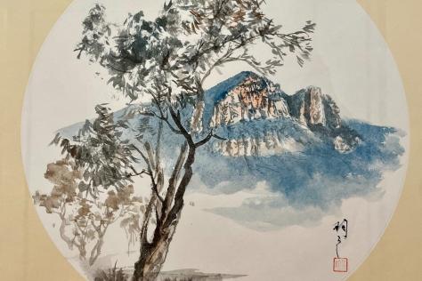 Ink painting of Mt Abrupt in background and tree in the foreground