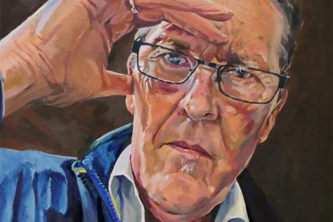 Painted portrait of a middle-aged man with his hand to his brow looking directly at the viewer.