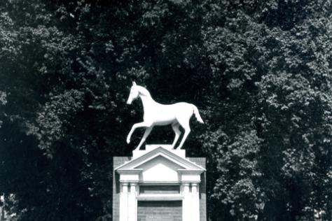 Black and white photograph of a white horse statue in a park