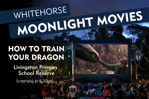 movie screen displaying boy touching black dragon's nose with text advertising the movie night 