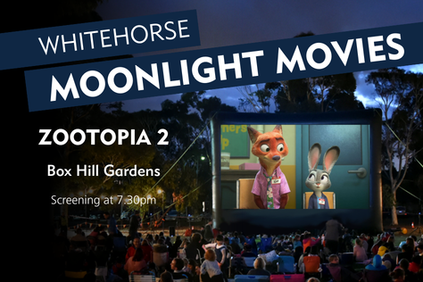 movie screen displaying animated Bunny and Fox with text advertising the movie night 