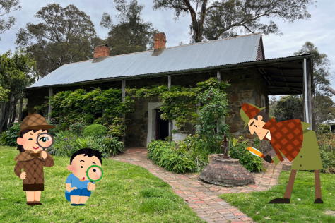 An image of Schwerkolt Cottage, a historic stone cottage with a corrugated iron roof and a verandah. There is a wisteria vine covering the front of the cottage with lots of green foliage. There is a red brick path surrounding the cottage. In the foreground, there are cartoon images of detectives holding magnifying glasses.