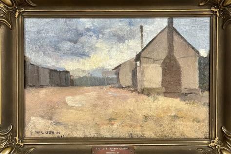 Impressionist painting depicting a rail shed in the landscape.