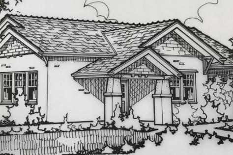 Line drawing of a suburban brick house