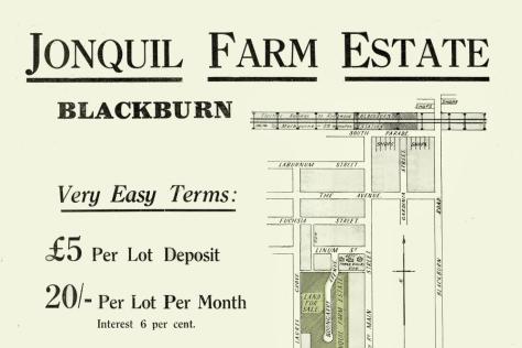 Land auction poster with text and line drawing of land blocks.