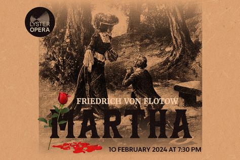 Lithograph image of a 19th Century man and woman. The man kneels in front of the woman. The Title MARTHA is shown with a red rose where some petals have fallen.