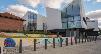 The Nunawading Community Hub's front exterior featuring colourful murals featuring local flora and fauna  