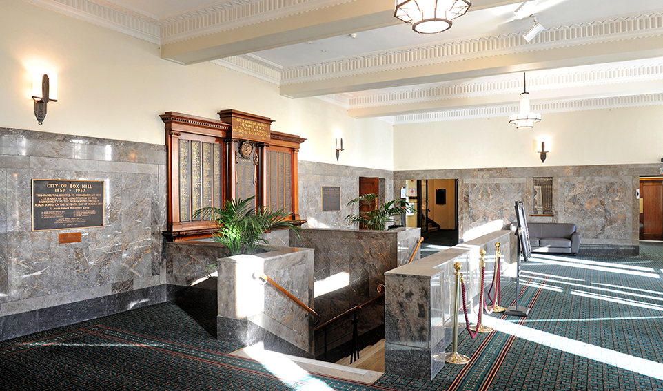 The Box Hill Town Hall's foyer featuring stone accents