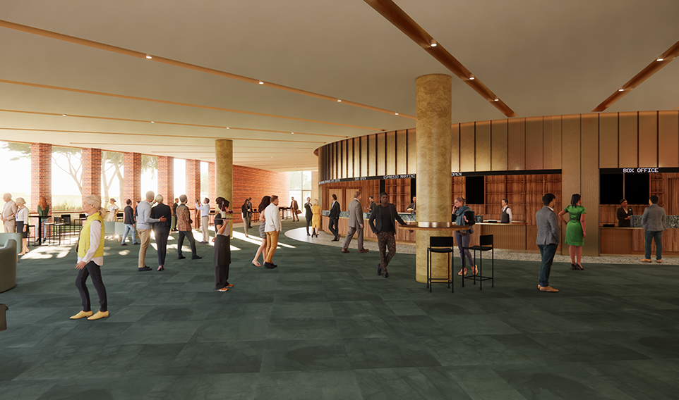 Large open indoor area with people walking and chatting in groups