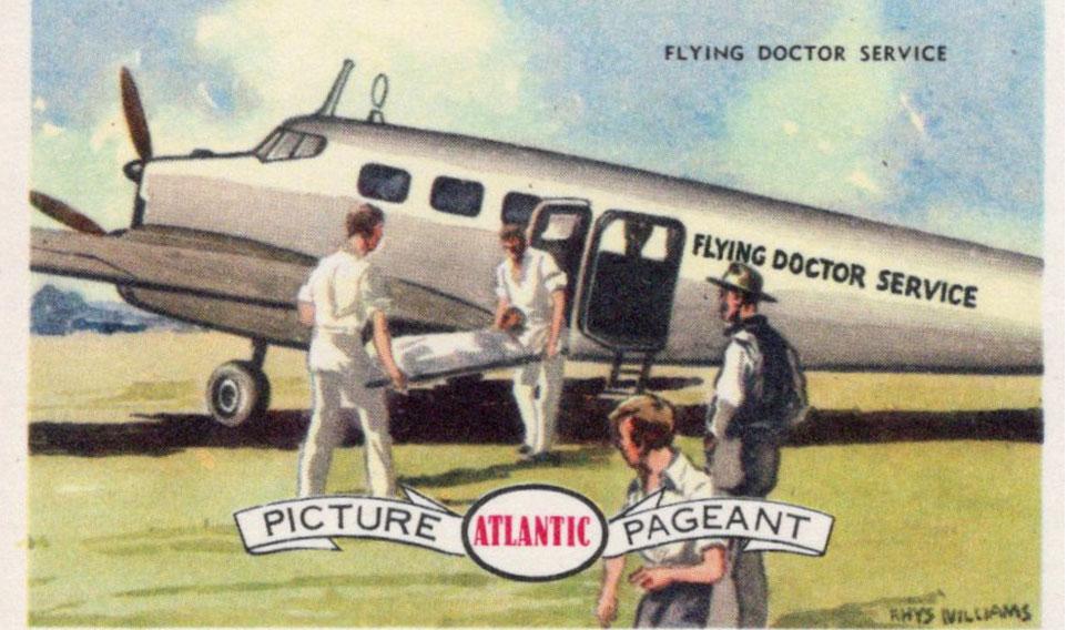 Old postcard of drawing of Flying Doctor Service plane with two men carrying a person on a stretcher 